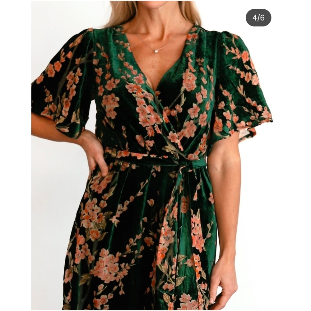 BALTIC BORN Uma Green Velvet Floral Maxi Dress sz L Women's - Picture 5 of 12